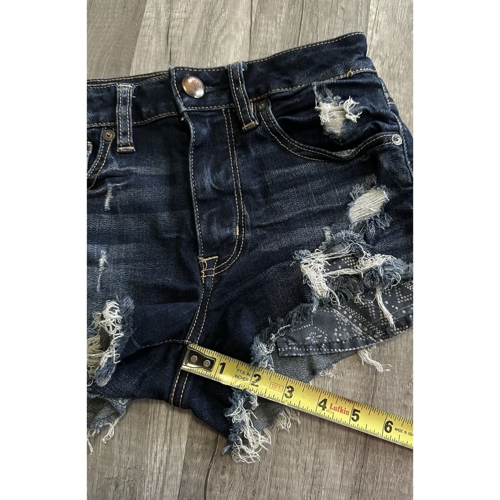 American Eagle Distress Denim Shorts Dark Wash Frayed Hem Size 00 Super Stretch - Picture 11 of 12